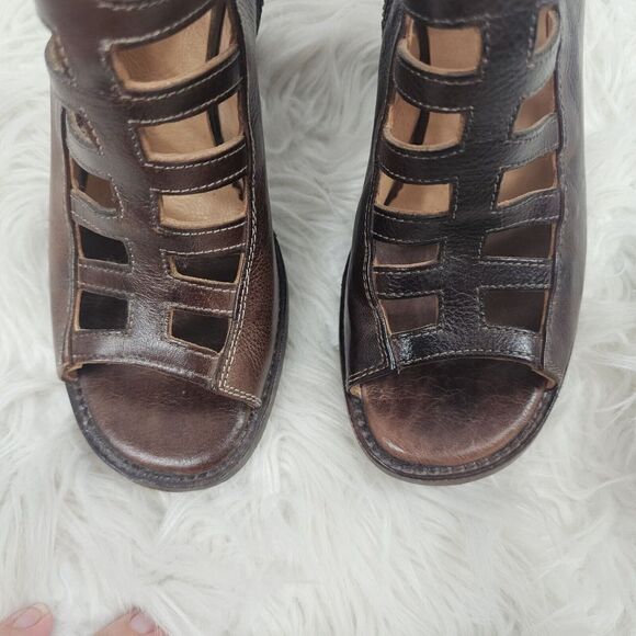 Bed Stu Occam Wedge Caged Sandals Sz 8 Teak Rustic Leather Peep Heels - Picture 4 of 10
